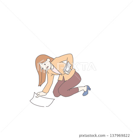 一幅插圖,描繪了一位女士文件掉落後驚慌失措的情景。 一幅插圖,描繪了一位女士文件掉落後驚慌失措的情景。 137969822