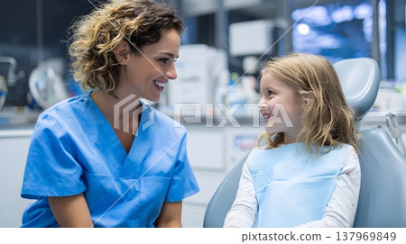 Modern dental office with a female dentist talking to a smiling child patient 137969849