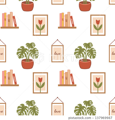 Cozy home interior seamless pattern with plant and book shelf Cozy home interior seamless pattern with plant and book shelf 137969987