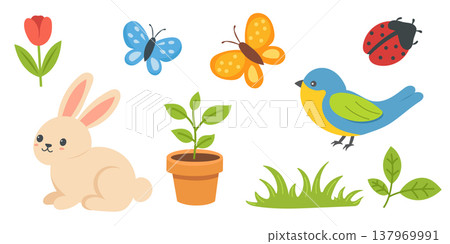 Spring nature set with cute bunny bird and garden tools 137969991