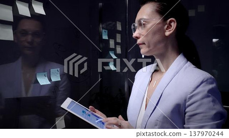 Experienced businesswoman analyzing data on a digital tablet while brainstorming and structuring an innovative business plan on a glass board using sticky notes Experienced businesswoman analyzing data on a digital tablet while brainstorming and structuring an innovative business plan on a glass board using sticky notes 137970244