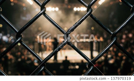 Foreground view through black metal wire mesh. Mixed martial arts cage, busy ring during night match. 137970319