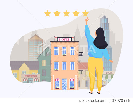 Woman giving rating to hotel. Hand choosing positive review. Flat design modern vector illustration concept. Woman giving rating to hotel. Hand choosing positive review. Flat design modern vector illustration concept. 137970556