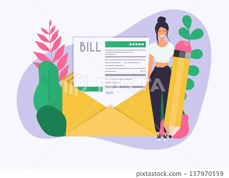 Woman with pencil get a paying bill mail. Payment of utility, bank, restaurant and other. Flat design modern vector illustration concept. Woman with pencil get a paying bill mail. Payment of utility, bank, restaurant and other. Flat design modern vector illustration concept. 137970559