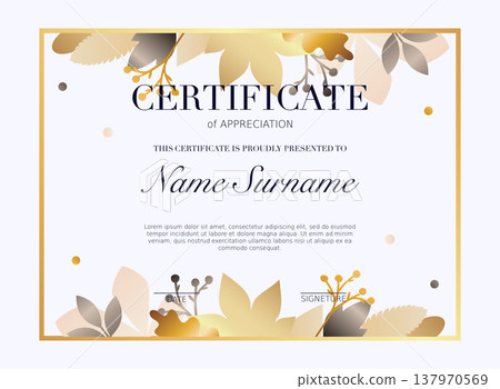 Certificate template with golden decoration element. Design diploma graduation, award. Vector illustration. Certificate template with golden decoration element. Design diploma graduation, award. Vector illustration. 137970569