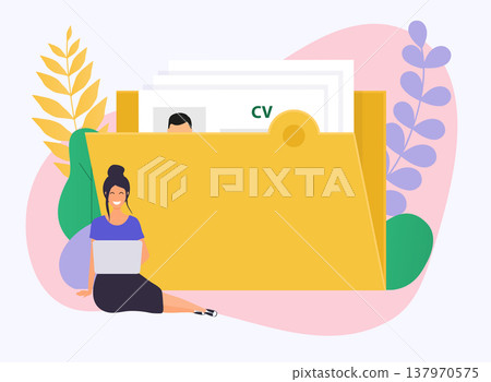 Business woman with a laptop. CV resume. Job interview concept. Flat design modern vector illustration concept. 137970575