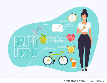 Concept of healthy lifestyle infographics. Young woman lead a healthy lifestyle. Icons for web: fitness, healthy food and metrics. Flat design vector illustration. Concept of healthy lifestyle infographics. Young woman lead a healthy lifestyle. Icons for web: fitness, healthy food and metrics. Flat design vector illustration. 137970577