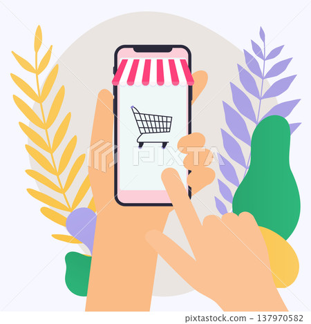 Concept online shopping and e-commerce. Icons for mobile marketing. Hand holding smart phone.  Flat design style modern vector illustration concept. 137970582