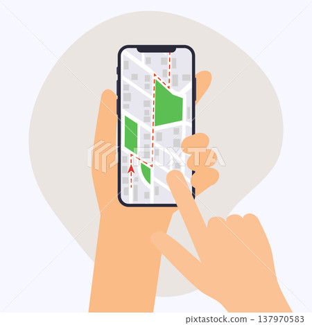 Hand holding mobile smart phone with gps app. Map on smart phone. Navigation concept. Flat design modern vector illustration concept. 137970583