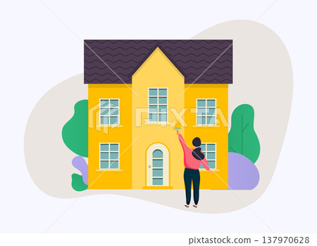 Woman holding roller brush and painting a house. Flat design modern vector illustration concept. Woman holding roller brush and painting a house. Flat design modern vector illustration concept. 137970628