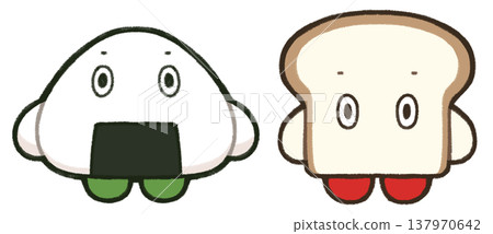 Character illustrations of rice balls and sliced bread Character illustrations of rice balls and sliced bread 137970642