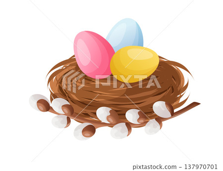 A bird's nest with three colorful Easter eggs and a pussy willow branch. Vector illustration. A spring holiday decoration for Easter cards, gift tags, baking labels, children's worksheets, website A bird's nest with three colorful Easter eggs and a pussy willow branch. Vector illustration. A spring holiday decoration for Easter cards, gift tags, baking labels, children's worksheets, website 137970701