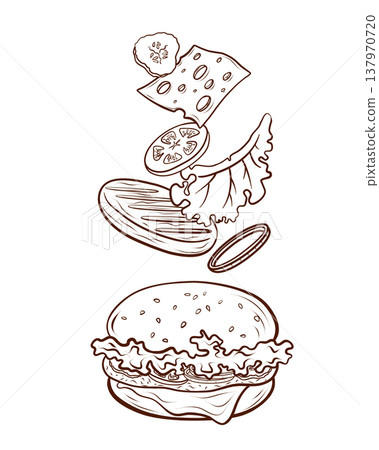 A burger with ingredients flying apart. A vector illustration in the engraving style. A fast-food sandwich icon for burger menus, recipe posters, food infographics, restaurant billboards. A burger with ingredients flying apart. A vector illustration in the engraving style. A fast-food sandwich icon for burger menus, recipe posters, food infographics, restaurant billboards. 137970720
