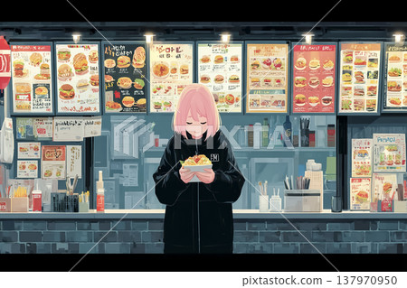 Emi系列：一位粉紅色頭髮的年輕女子在夜晚的小吃攤用餐的插圖。 137970950