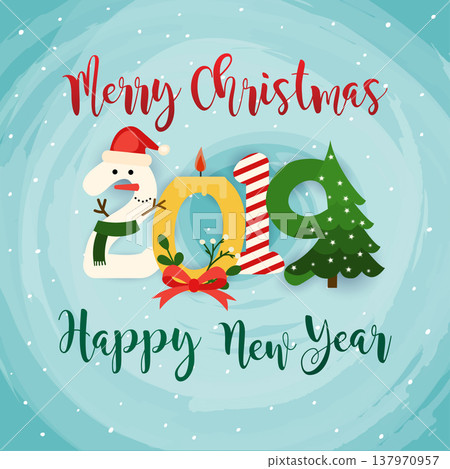 Christmas 2019 Greeting Card. Flat design modern vector illustration concept. 137970957
