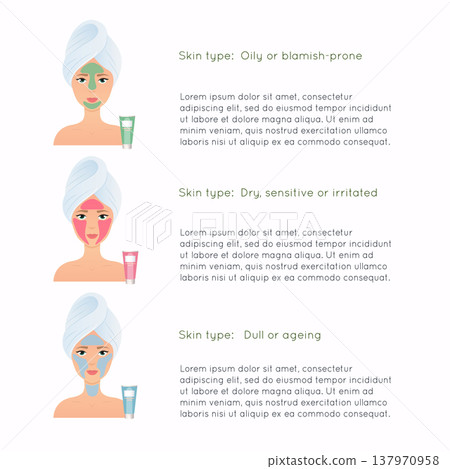 How to apply multiple face masks. Face care routine. Girl Care Her Face. Skincare vector. How to apply multiple face masks. Face care routine. Girl Care Her Face. Skincare vector. 137970958