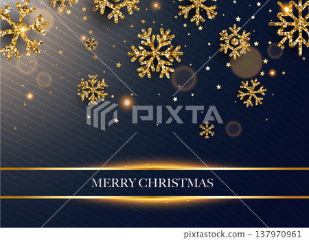Merry Christmas. Golden glitter snowflakes on dark background. Can be used for decoration, banners and card. 137970961