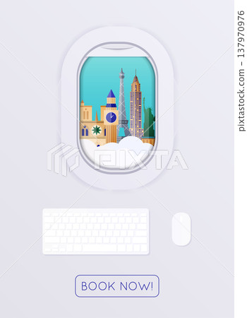 Open airplane window. Travel around the World. Vacation booking. Flat design Open airplane window. Travel around the World. Vacation booking. Flat design 137970976