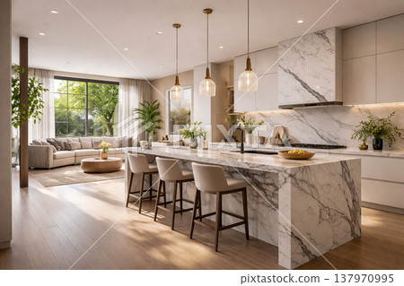 Bright Open Kitchen With Marble Island And Modern Living Space 137970995