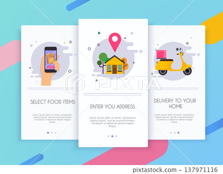 Onboarding screens user interface kit for mobile app templates concept of food delivery. Concept for web banners, websites, infographics. Onboarding screens user interface kit for mobile app templates concept of food delivery. Concept for web banners, websites, infographics. 137971116