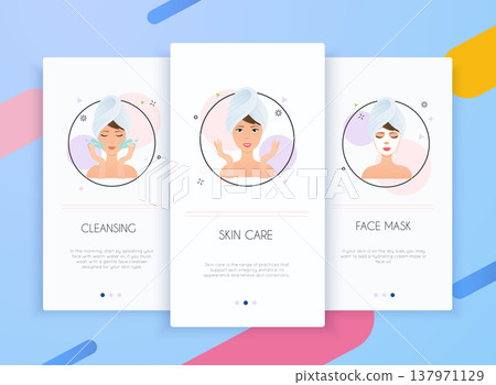 Onboarding screens user interface kit for mobile app templates concept of skin care. Steps how to apply facial mask. Skincare vector. Onboarding screens user interface kit for mobile app templates concept of skin care. Steps how to apply facial mask. Skincare vector. 137971129