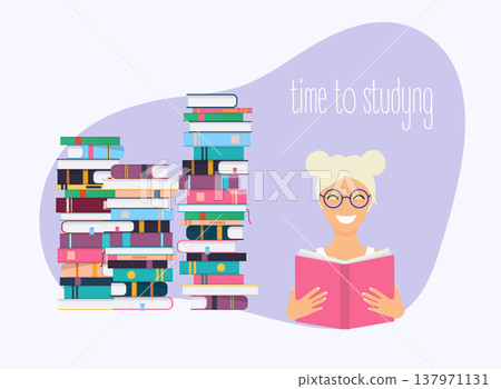 Time to studying. Girl reading a book. Science concept with book icons.Flat design modern vector illustration concept. Time to studying. Girl reading a book. Science concept with book icons.Flat design modern vector illustration concept. 137971131