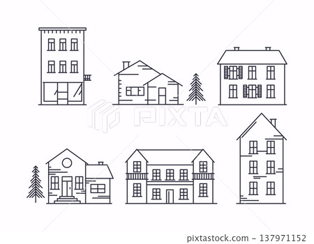 Vector illustration in linear style. Icons and illustrations with buildings, houses and trees. Ideal for business web publications, graphic design. Flat style vector illustration. Vector illustration in linear style. Icons and illustrations with buildings, houses and trees. Ideal for business web publications, graphic design. Flat style vector illustration. 137971152