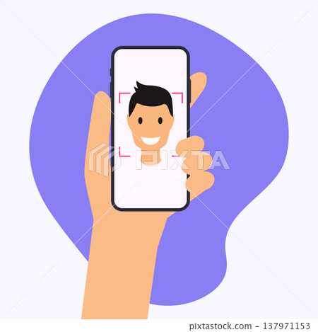 Hand holding mobile smart phone with face recognition app. Vector modern flat creative info graphics design on application. 137971153