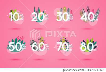 Sale discount icons with leafs design. Special offer price signs. 10, 20, 30, 40, 50, 60, 70 and 80 percent off reduction symbols. 137971163