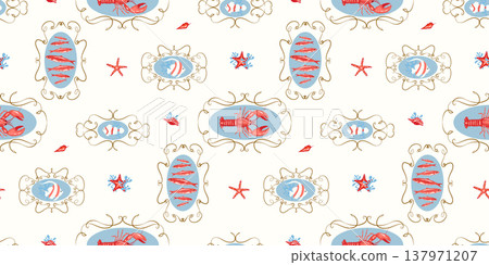 Coastal, beach, seaside home decor concept, marine life, nautical themed seamless pattern design. Seafood background with lobsters, small fish, starfish, shells and decorative frames for summer 137971207