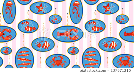 Sea cute creature seamless pattern with lobsters, starfish, crabs, sardines , jellyfish, seashells framed by blue ovals on soft pink vertical stripes background for wallpaper, textiles or wrapping Sea cute creature seamless pattern with lobsters, starfish, crabs, sardines , jellyfish, seashells framed by blue ovals on soft pink vertical stripes background for wallpaper, textiles or wrapping 137971210