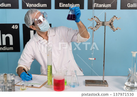Chemical scientist are experimenting with various chemicals Chemical scientist are experimenting with various chemicals 137971530