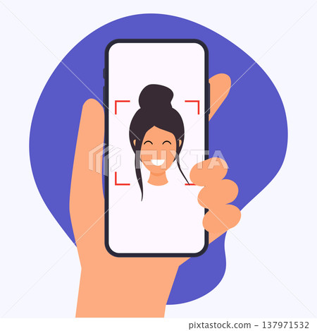 Hand holding mobile smart phone with face recognition app. Vector modern flat creative info graphics design on application. 137971532