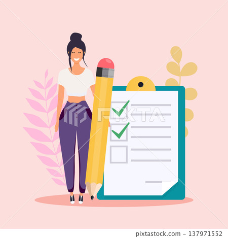 Woman with pencil marked checklist on a clipboard paper. Flat design modern vector illustration concept. Woman with pencil marked checklist on a clipboard paper. Flat design modern vector illustration concept. 137971552