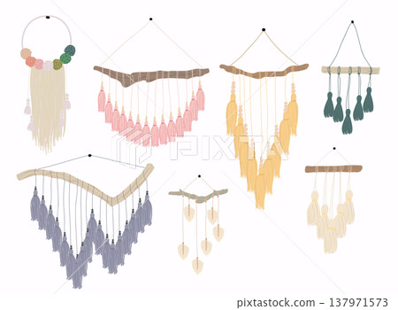 Macrame wall hangings.Bundle of elegant handmade home decorations made of cotton cord isolated on white background. Macrame wall hangings.Bundle of elegant handmade home decorations made of cotton cord isolated on white background. 137971573