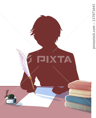 A noble-looking boy holding a quill pen; a desk; paper; silhouette. A noble-looking boy holding a quill pen; a desk; paper; silhouette. 137971645