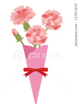 Mother's Day: Illustration of a wrapped bouquet of pale pink carnations. Mother's Day: Illustration of a wrapped bouquet of pale pink carnations. 137971679
