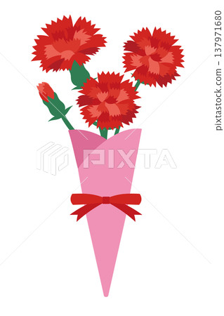Mother's Day: Illustration of a wrapped bouquet of red carnations. Mother's Day: Illustration of a wrapped bouquet of red carnations. 137971680