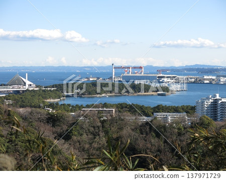 View from the octagonal pavilion plaza (summit of Mt. Kanazawa) in Shōmyōji Citizens' Forest, Kanazawa Ward, Yokohama City (southeast direction, towards Hakkeijima and Sarushima islands). 137971729