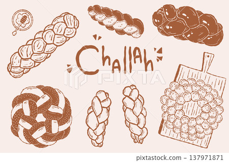 Challah bread set with braided loaves in hand drawn traditional style 137971871