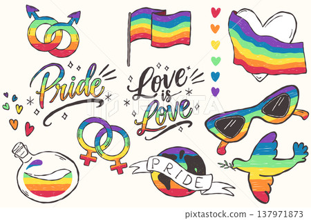 Pride celebration elements set with rainbow symbols and hand drawn style 137971873