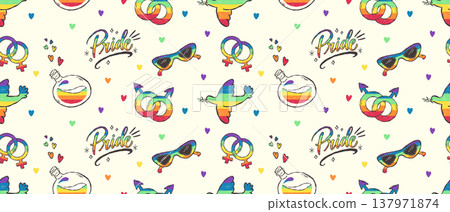 Pride seamless pattern with rainbow symbols and hand drawn style 137971874