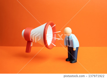 A megaphone screams in the office worker face. Dominance of propaganda and societal fatigue. Manipulation and false corporate values create stress while overwhelming information causes burnout A megaphone screams in the office worker face. Dominance of propaganda and societal fatigue. Manipulation and false corporate values create stress while overwhelming information causes burnout 137971922