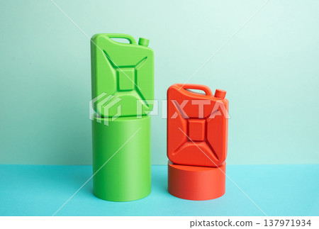 Green fuel is winning over fossil fuels. Price differences, comparison of quality and profitability. Energy transition, sustainable resources. Economic competition of renewable and traditional energy. 137971934