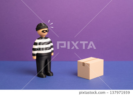 A criminal is interested in a package box. Parcel theft and delivery theft. Security risks in logistics and e commerce shipments. Protection of packages during transportation and doorstep delivery. A criminal is interested in a package box. Parcel theft and delivery theft. Security risks in logistics and e commerce shipments. Protection of packages during transportation and doorstep delivery. 137971939
