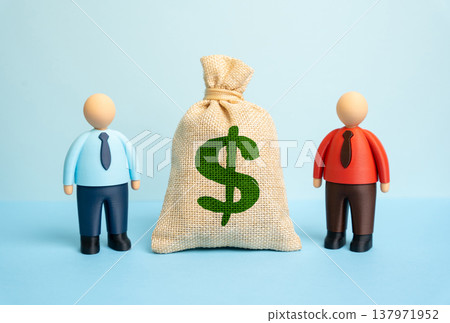 Two businessmen and a dollar money bag. Concluding a deal and paying for completed work. Business meeting with financial agreement. Partnership negotiations and contract signing in commerce. Two businessmen and a dollar money bag. Concluding a deal and paying for completed work. Business meeting with financial agreement. Partnership negotiations and contract signing in commerce. 137971952