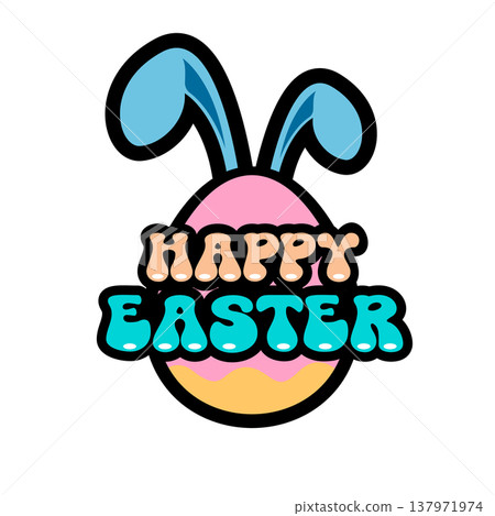Happy Easter sticker with blue bunny ears. Happy Easter bubble font with thick black outline. Isolated vector element for spring holiday design, greeting cards, and social media. Retro sticker art Happy Easter sticker with blue bunny ears. Happy Easter bubble font with thick black outline. Isolated vector element for spring holiday design, greeting cards, and social media. Retro sticker art 137971974