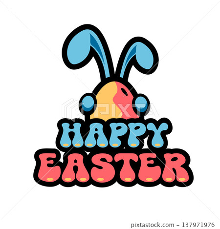 Happy Easter sticker with blue bunny ears. Happy Easter bubble font with thick black outline. Isolated vector element for spring holiday design, greeting cards, and social media. Retro sticker art Happy Easter sticker with blue bunny ears. Happy Easter bubble font with thick black outline. Isolated vector element for spring holiday design, greeting cards, and social media. Retro sticker art 137971976