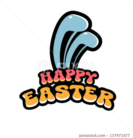 Happy Easter sticker with blue bunny ears. Happy Easter bubble font with thick black outline. Isolated vector element for spring holiday design, greeting cards, and social media. Retro sticker art Happy Easter sticker with blue bunny ears. Happy Easter bubble font with thick black outline. Isolated vector element for spring holiday design, greeting cards, and social media. Retro sticker art 137971977
