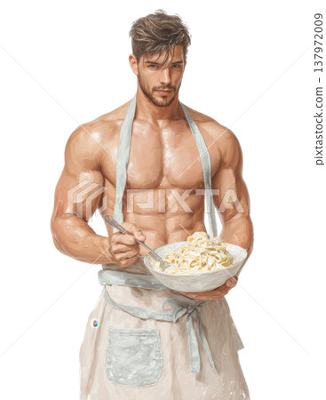 Muscular shirtless chef holding pasta bowl kitchen character illustration 137972009